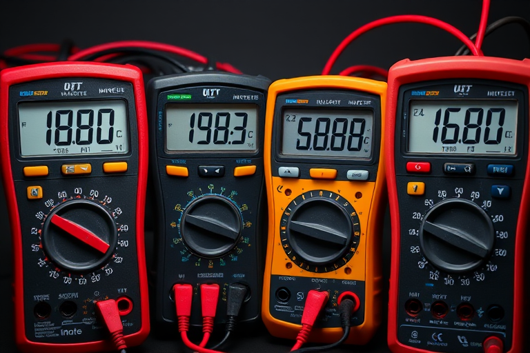 Regenerate an image of four digital multimeters displaying measurements, using a macro lens, focus set to 1.5 feet, aperture at f/8 for depth of field, ISO 100 for clarity, and a softbox light source for even illumination.