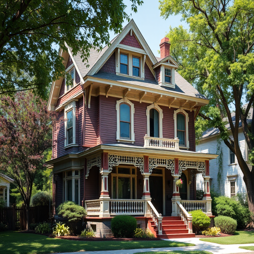 A detailed Victorian house with intricate woodwork and a grand front porch, set in a lush neighborhood during bright daylight, shot with a DSLR camera at f/8 aperture, ISO 100, 24mm focal length, natural lighting, and a wide-angle view for enhanced depth of field and clarity.