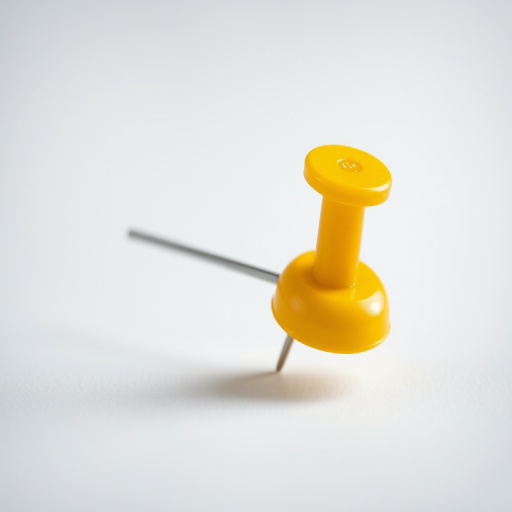 Create a high-resolution image of a yellow pushpin with a shiny surface and detailed shading, captured using a DSLR camera with a 50mm lens at f/2.8, 1/200s shutter speed, and ISO 100, in a well-lit studio setting with a soft-focus background.