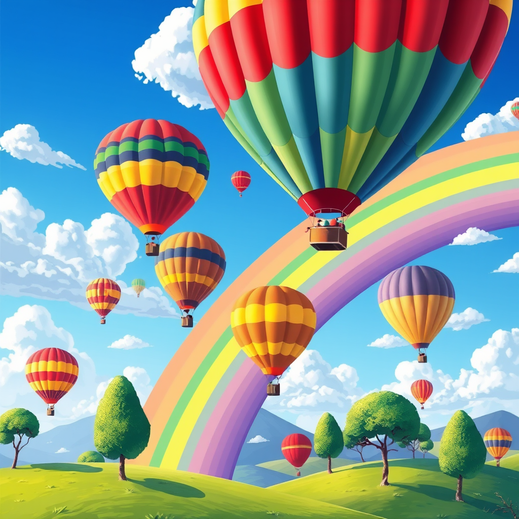 Create a vibrant illustration of colorful hot air balloons floating in a bright blue sky with fluffy white clouds, incorporating a rainbow arching over a green landscape with stylized trees; use a digital art style with a wide-angle view, high saturation, soft shadows, and a resolution of 300 DPI.