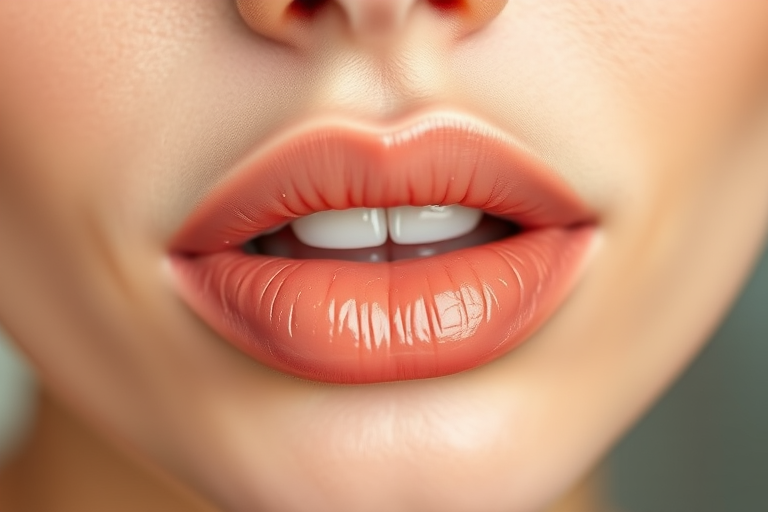 Glossy nude lips with a peachy undertone, known as "Bare Necessities," offer a natural, your-lips-but-better look with a hydrating formula