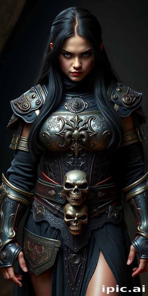 Create a photo of a fierce female warrior with long black hair, wearing an ornate, metallic armor. The armor includes a breastplate with intricate designs, shoulder guards, and gauntlets. The breastplate is decorated with a central emblem, possibly representing a mythical symbol, and has a sculpted, form-fitting design. She wears a belt with a large skull ornament at the center, and her armor extends into a partial skirt, revealing one leg. The overall look is both protective and stylish, with a dark, gothic aesthetic. The background is dimly lit, suggesting a medieval or fantasy setting, enhancing the warrior's imposing presence and intense expression.