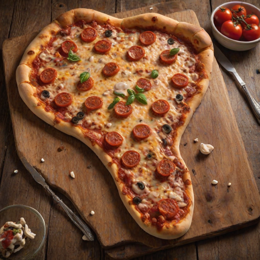 Pizza shaped like giant human foot. Golden-brown crust mimics skin texture and toenails. Tomato sauce and melted cheese cover 'sole'. Various toppings scattered realistically. Soft side lighting highlights textures. Served on rustic wooden table. Closeup view.