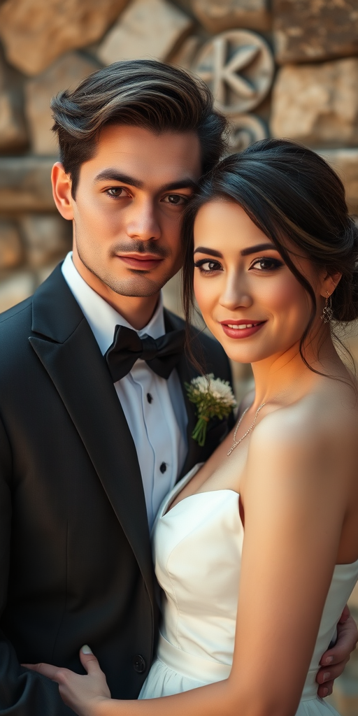 portrait of a couple in formal attire, soft focus, natural light, aperture f/1.8, ISO 200, 85mm lens, shallow depth of field, cinematic style, outdoor setting against a stone wall