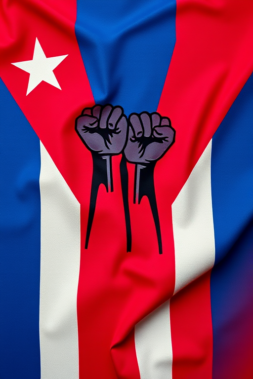 Create a high-resolution image of a stylized Cuban flag with a focus on two raised black fists in the center, using a DSLR camera with a 35mm lens, aperture set to f/8, ISO 100, in a vibrant color style and slightly overhead view for clarity.