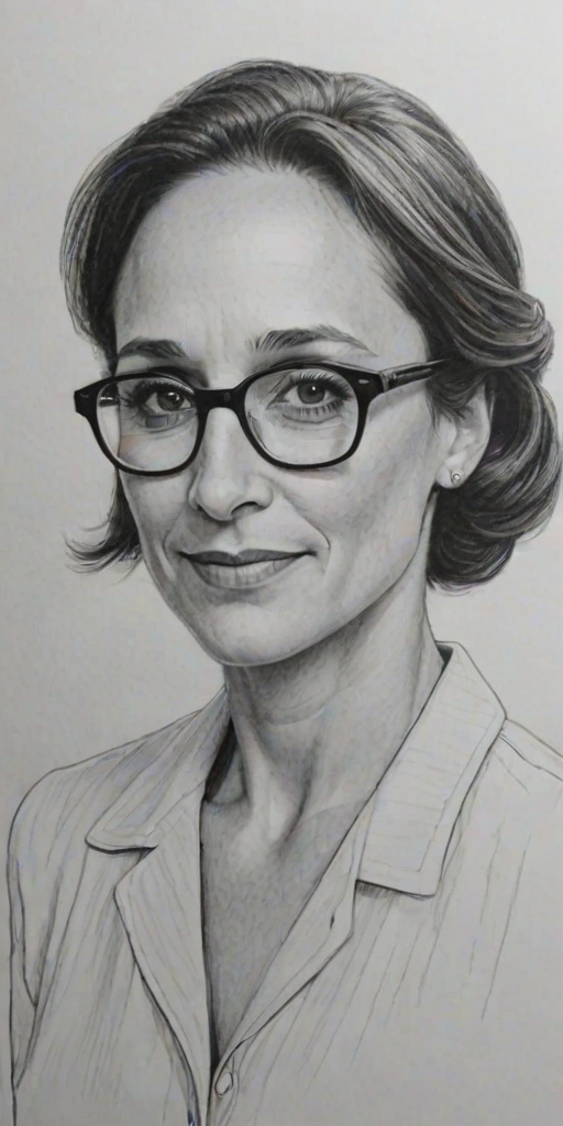 Splendid Laurie Metcalf, pencil sketch, portrait of Gorgeous woman 1955s in glasses, hair style beatnik, outline, clear lines, fine lines, 8k