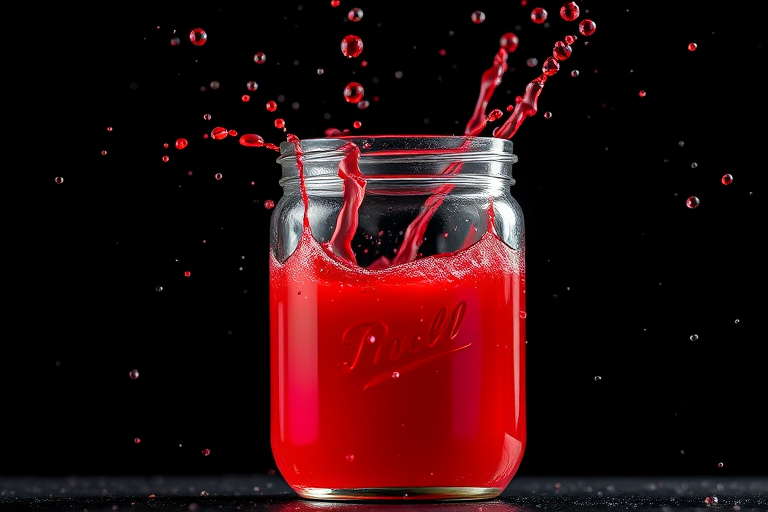 high-speed shot of a jar of red liquid splashing with droplets flying, captured with a Canon EOS R5, 50mm f/1.2 lens, ISO 100, shutter speed 1/2000s, aperture f/2.8, natural soft lighting from the side, dark background to enhance contrast