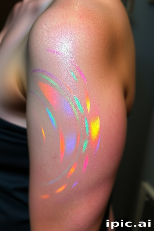 Holographic tattoo named "Prismatic Illusion" showcasing iridescent colors and shimmering effects that appear to change and shift with movement and lighting