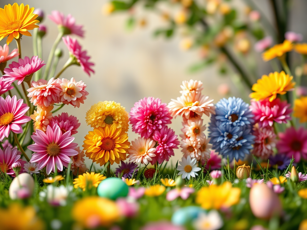 Create a vibrant and colorful Easter-themed text made of flowers, using a 50mm lens, f/1.8 aperture, ISO 100, soft natural light, and a tilted perspective to enhance depth and clarity.