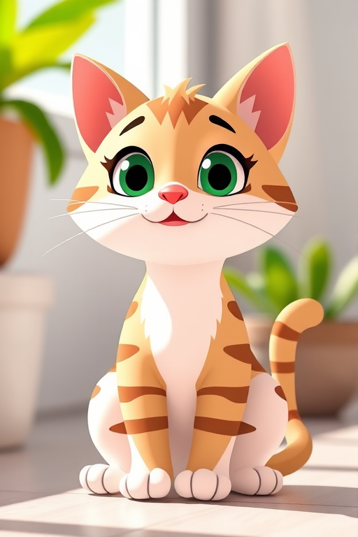 Create a cute cartoon cat character sitting, with big expressive eyes, in a simple and colorful style, captured with a Canon EOS R camera, 50mm lens, f/2.8 aperture, ISO 100, in a bright, natural lighting setting.
