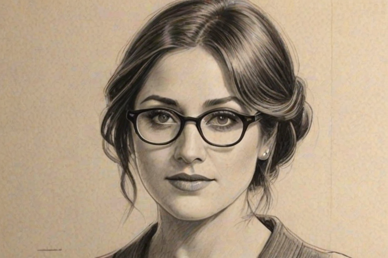 Fetching Sasha Alexander, pencil sketch, portrait of Superb woman 1928s in glasses, hair style beatnik, outline, clear lines, fine lines, 8k