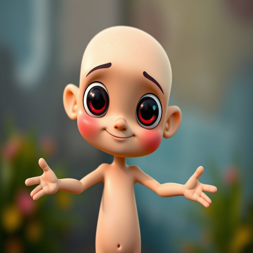 Create a cartoon character with a bald head and large eyes, arms reaching out, in a playful pose, using a 50mm lens at f/2.8, with a shallow depth of field and vibrant colors, captured in high resolution with a digital camera.