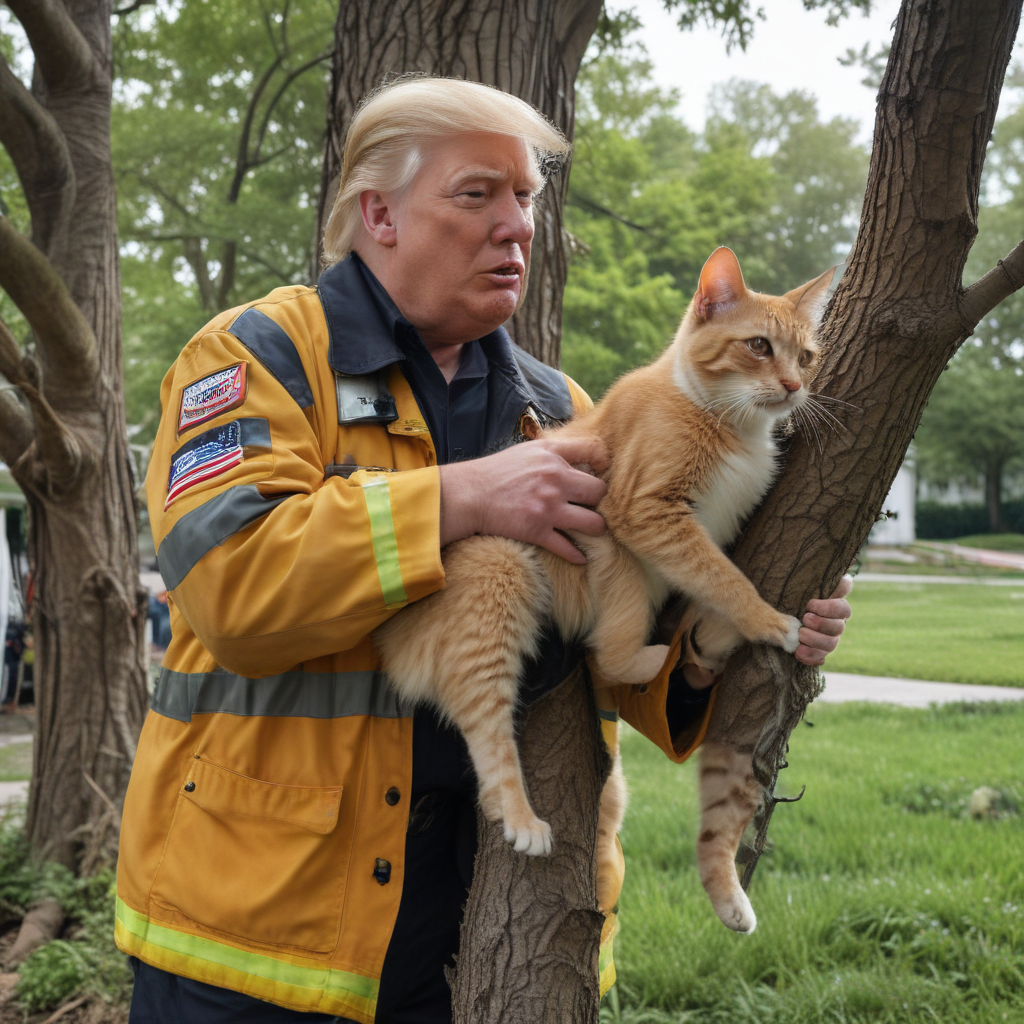 Trump Rescuing Cats donald trump as firefighter saving a cat from a tree