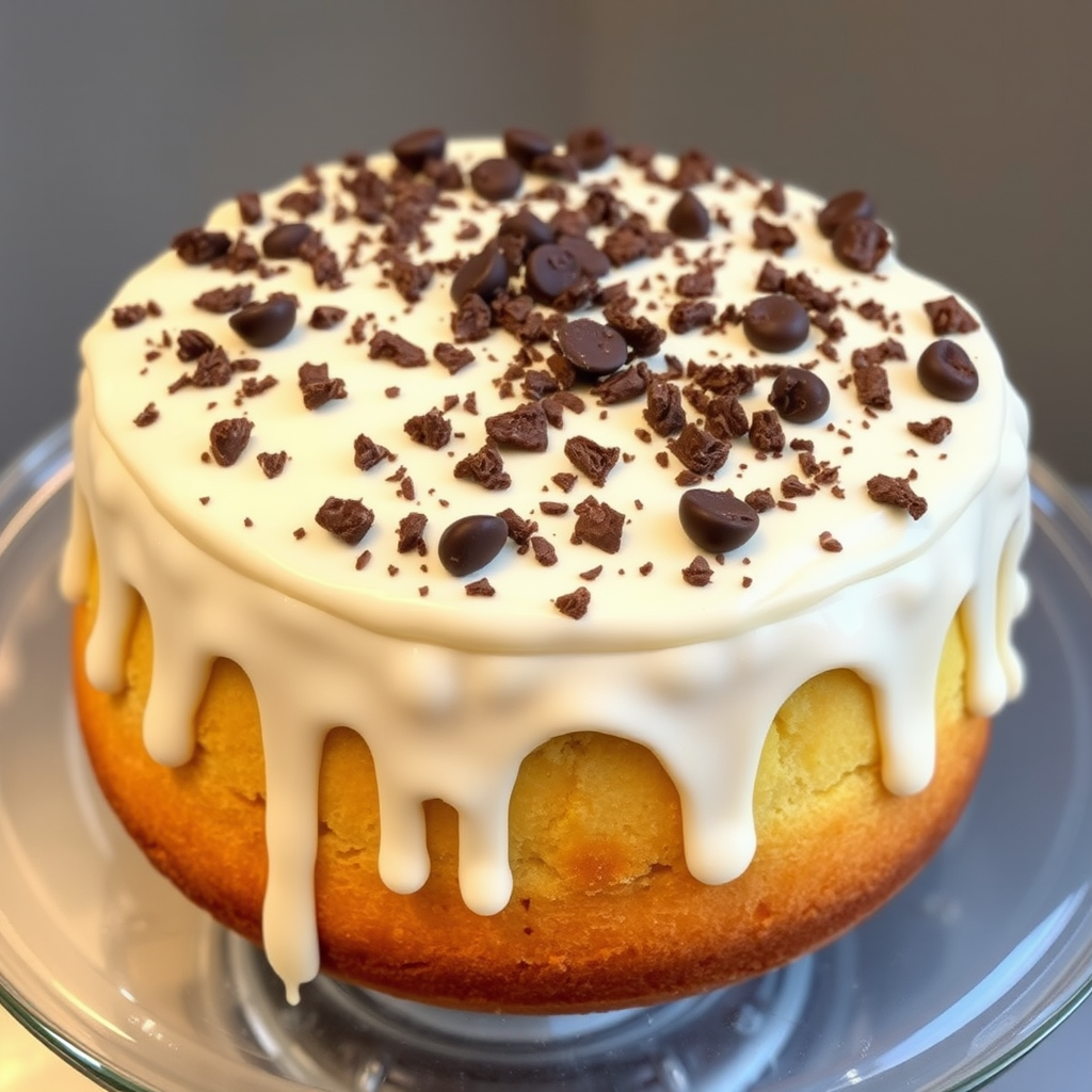 Create an image of a round cake with a golden brown exterior topped with a thick layer of creamy frosting that is dripping down the sides. The frosting is light in color and features a generous sprinkle of crushed chocolate candies on top. The cake is presented on a clear glass plate, showcasing its moist texture and decadent toppings.