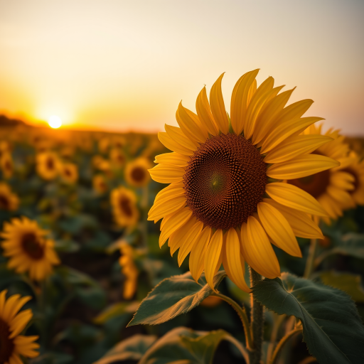 a vibrant sunflower field at sunset with a shallow depth of field, ISO 200, f/2.8, 1/250 sec, wide-angle lens, DSLR camera, golden hour lighting, rich colors and detailed textures