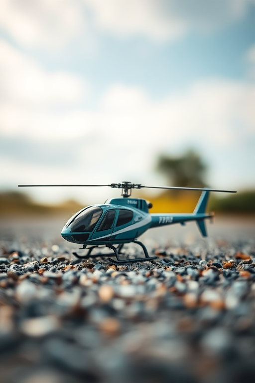 helicopter model on gravel, low angle view, soft focus background, aperture f/2.8, ISO 100, shutter speed 1/500, natural daylight, DSLR camera, 50mm lens