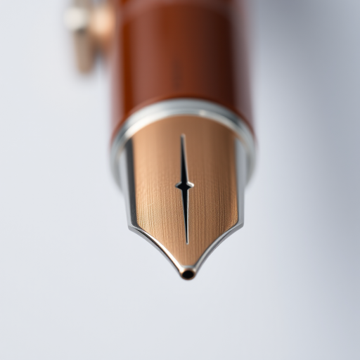 A sleek brown pen with silver accents, high detail, studio lighting, macro lens, ISO 100, aperture f/2.8, 50mm lens, shallow depth of field, focus on the pen tip, high resolution.