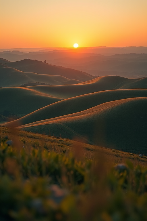 create a serene landscape of rolling hills at sunset with soft golden hues, captured using a Canon EOS R5, 50mm f/1.2 lens, aperture set to f/2.8, ISO 100, with a shallow depth of field to enhance the foreground details and a warm color palette.
