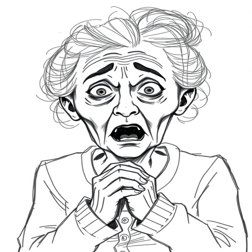 scribbly unfinished sketch, old lady with messy gray hair in a loose bun, surprised expression, mouth open, hands clasped together in front of her chest. Her eyes are wide, eyebrows are furrowed. vibe of shock or surprise.
