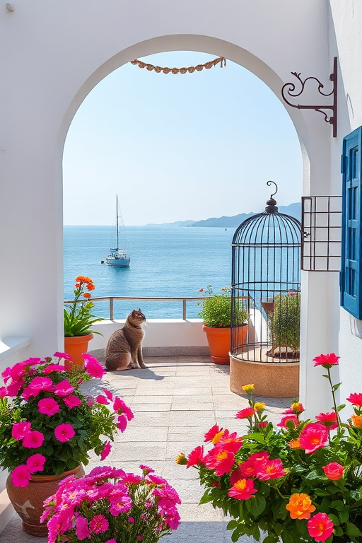 regenerate a serene coastal terrace scene featuring vibrant flowers, a cat sitting by an archway, a decorative birdcage, and a distant sailboat, captured with a DSLR camera at f/2.8, ISO 100, 35mm lens, natural lighting, wide-angle view