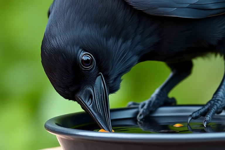 A close-up shot of a black crow drinking from a shallow dish, using a Canon EOS R5, 85mm lens, aperture f/2.8, shutter speed 1/250s, ISO 200, natural light, shallow depth of field, blurred green background for enhanced image quality.