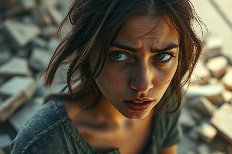 regenerate a dramatic portrait of a young woman in a dusty environment, conveying immense emotion, shot with a Canon EOS R5, 50mm lens, aperture f/2.8, shallow depth of field, natural lighting, and a slightly low angle view to emphasize her expression amidst the rubble in the background