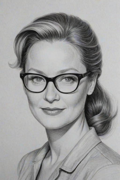 Charming Laura Linney, pencil sketch, portrait of Radiant woman 1956s in glasses, hair style beatnik, outline, clear lines, fine lines, 8k