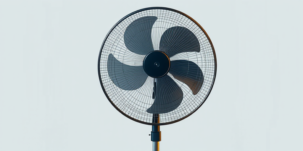 Create a high-resolution illustration of a standing fan, using a 50mm lens, f/2.8 aperture, and 1/100s shutter speed, captured from a front view with soft lighting and a focus on the fan's details.