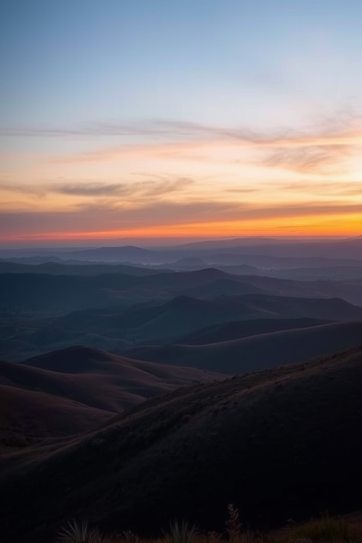 Generate a high-resolution image of a serene landscape featuring rolling hills and a sunset sky, captured with a DSLR camera at f/8 aperture, 1/250 sec shutter speed, ISO 100, using a wide-angle lens from a low angle for a dramatic perspective.