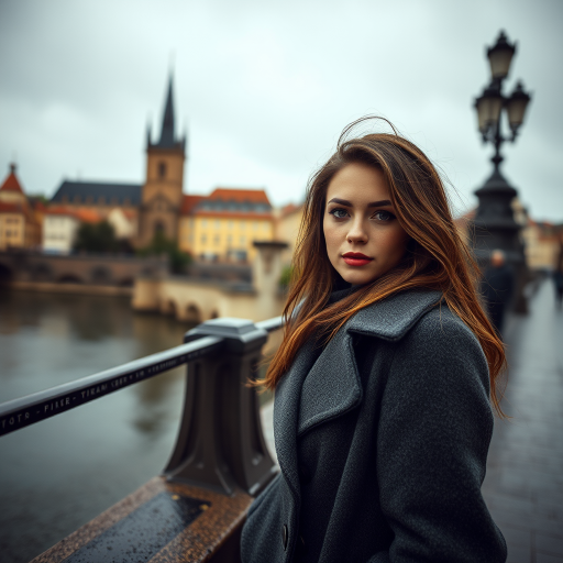 cinematic photo from above, waist up shot, sharp focus, a beautiful woman in foreground, in Prague, at the Charles Bridge, river in background, overcast rainy day, wearing long grey wool coat, warm rich color palette