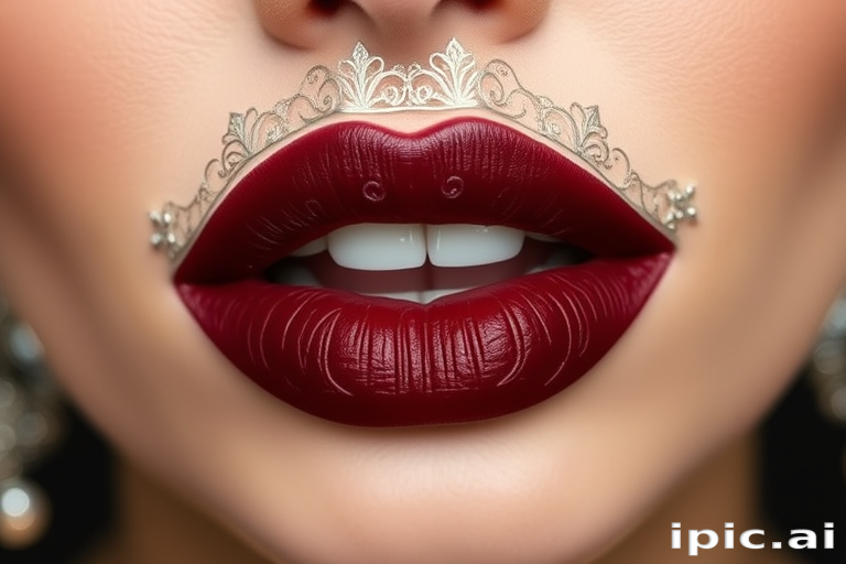 Matte burgundy lips with intricate silver filigree designs, named "Regal Velvet," exude sophistication and elegance, ideal for formal events and red carpet appearances