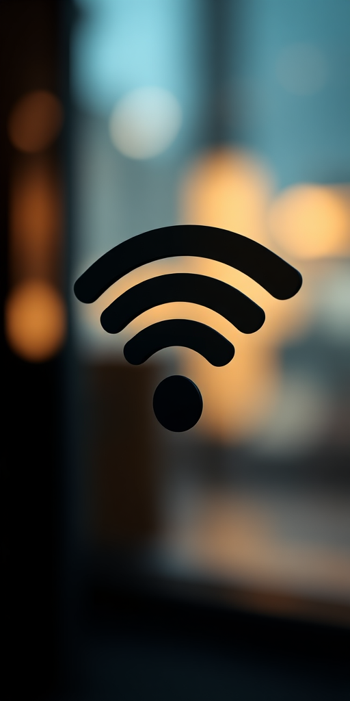 Create a high-resolution image of a Wi-Fi symbol with smooth gradients and a sleek design, using a DSLR camera with a 50mm lens, aperture set to f/2.8, ISO 100, shot from a low angle to emphasize the symbol against a blurred background.