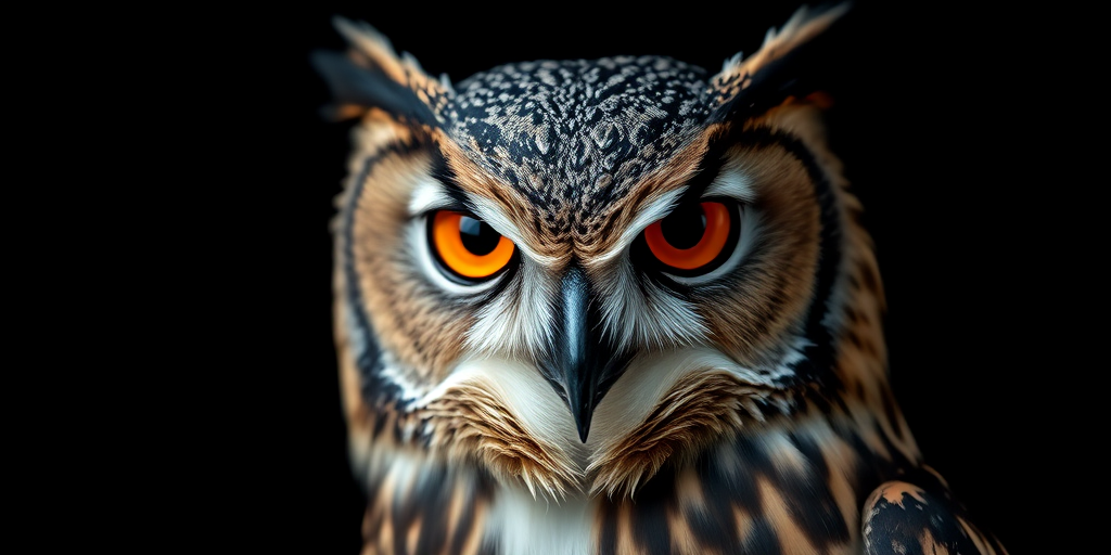 close-up portrait of a fierce owl with sharp details and vibrant orange eyes, studio lighting, f/2.8 aperture, 1/200 sec shutter speed, ISO 200, DSLR camera, Canon 5D Mark IV, shallow depth of field, black background for contrast