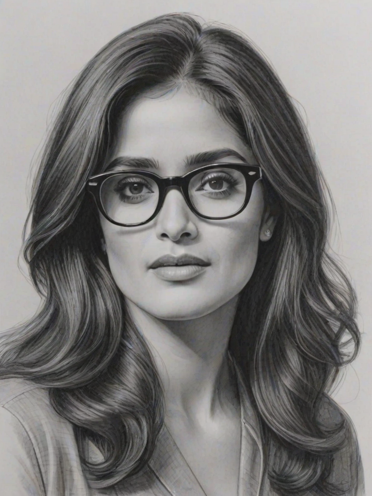 Lovely Salma Hayek, pencil sketch, portrait of Beauteous woman 1963s in glasses, hair style beatnik, outline, clear lines, fine lines, 8k