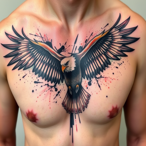 Dynamic brush stroke tattoo of a soaring eagle across the chest, utilizing bold, expressive lines and splatters to capture the bird's movement and power in an artistic, abstract style