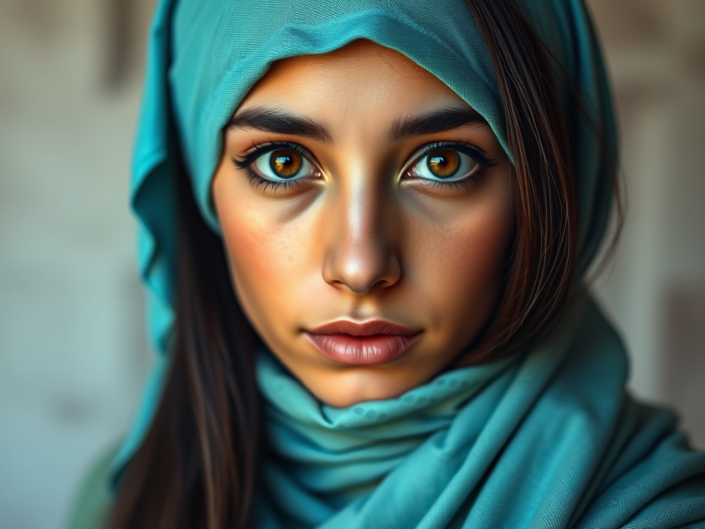 Create a portrait of a young Middle Eastern woman with long, dark hair and captivating hazel eyes. She is wearing a cyan headscarf and a matching scarf draped gracefully around her neck. The background is softly blurred, focusing attention on her serene and natural expression. The overall color palette is muted and warm, enhancing the intimate and authentic feel of the portrait.