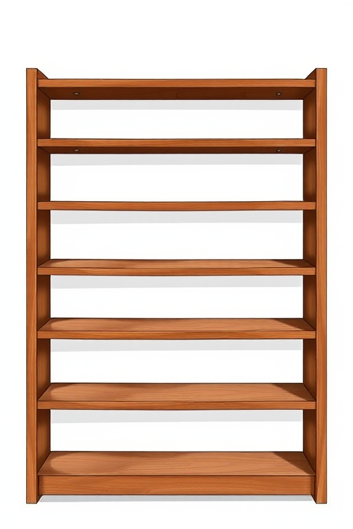 Create a detailed illustration of a wooden bookshelf with five horizontal shelves, featuring a rich brown color and clean lines, using a DSLR camera with a 50mm lens, f/2.8 aperture, ISO 100, shot from a slightly elevated angle to enhance depth and perspective.