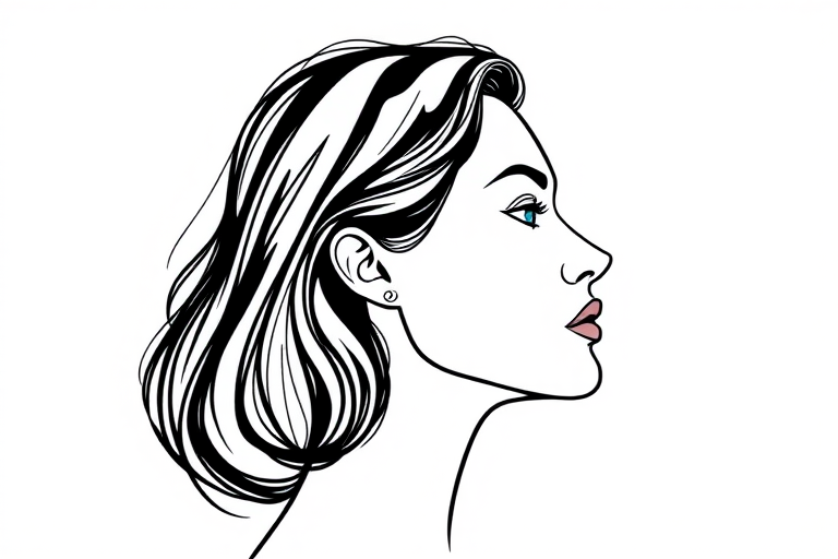 Create a minimalist line art portrait of a woman's face in profile view, using high contrast black lines on a white background, captured with a Canon EOS R5 at f/2.8, 50mm lens, ISO 100, in natural light to enhance details and create a sharp, crisp image quality.
