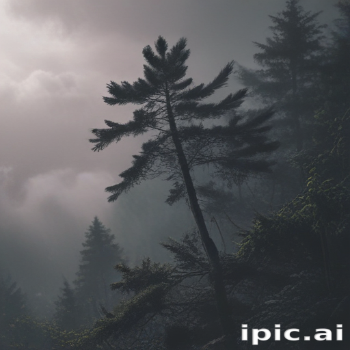Mysterious Forest Landscape Shrouded in Fog with Tall Pine Tree