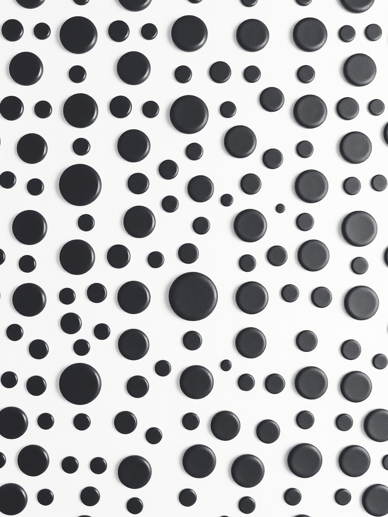 Create a high-resolution pattern of evenly spaced black circles on a white background, photographed with a DSLR camera at f/8 aperture, ISO 100, 50mm lens, top-down view, using natural lighting for a clean, crisp appearance.