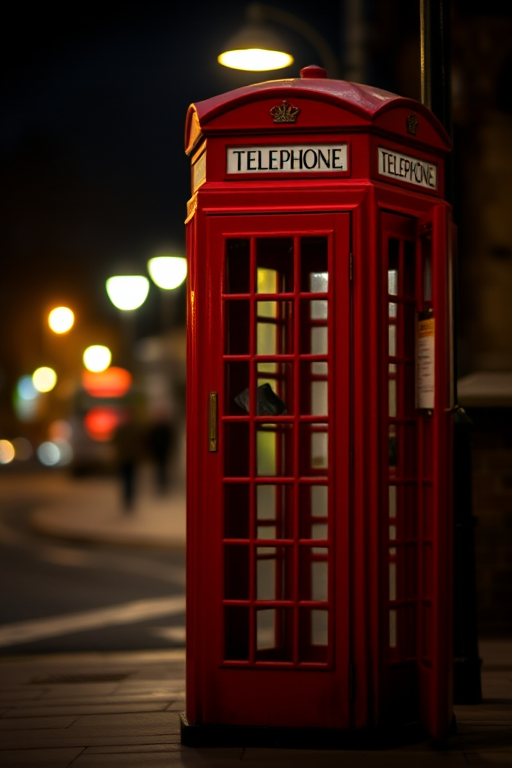 capture a vibrant night scene of a red telephone box illuminated by streetlights with blurred background bokeh, aperture f/1.8, ISO 200, shutter speed 1/60s, 50mm lens, portrait orientation, DSLR camera