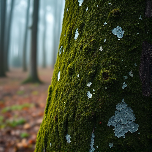Capture a detailed close-up of a moss-covered tree trunk with white markings in a foggy forest, using a DSLR camera with a 50mm f/1.8 lens, aperture set to f/2.8, ISO 200, and a focal length of 50mm to enhance depth of field and texture.