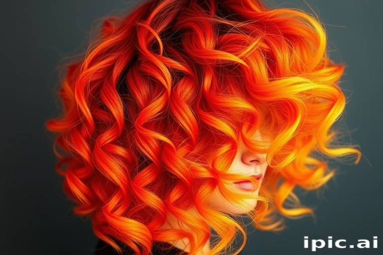 Fierce flame-inspired ombre from deep red roots to vibrant yellow tips, styled in voluminous curls for a bold and dynamic look named Phoenix Rising