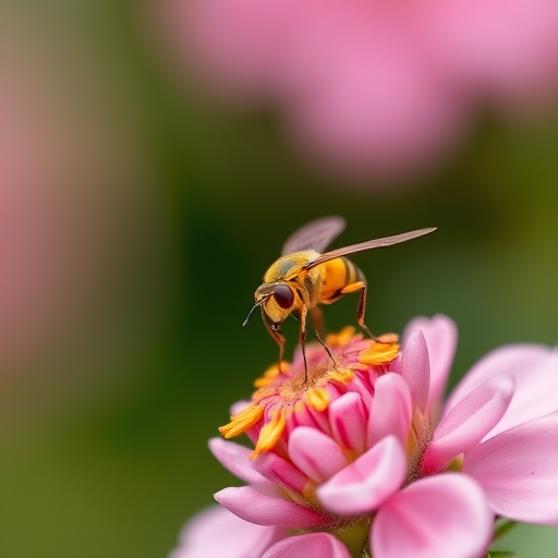 macro photograph of a yellow insect on a pink flower with a shallow depth of field, 100mm f/2.8 lens, ISO 200, shutter speed 1/250 sec, soft focus background, taken with a DSLR camera
