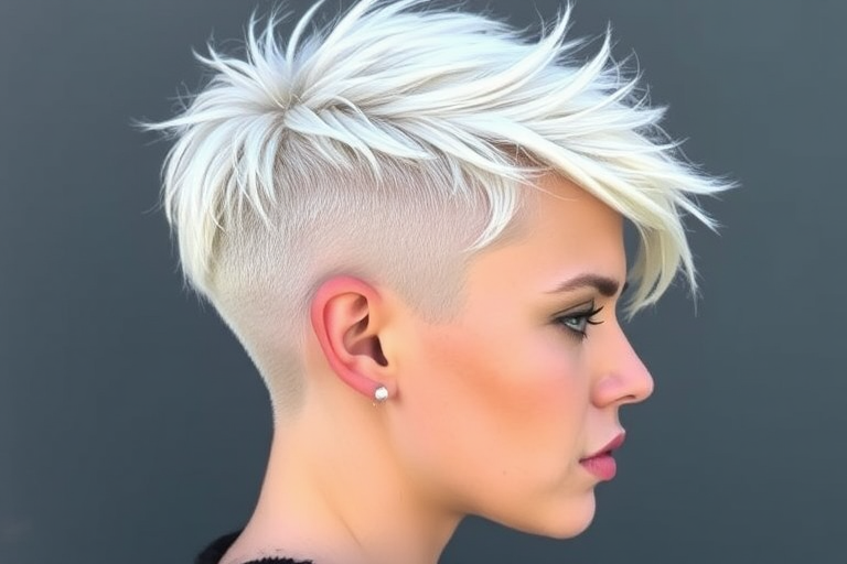 Icy platinum blonde pixie with "Frost Bite" flair features textured spikes and a dramatic undercut for edgy appeal