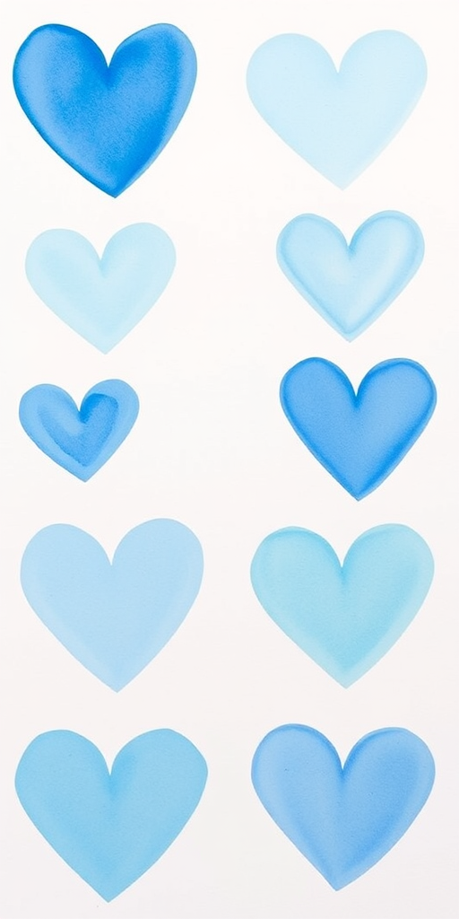 Create an image of a grid of nine watercolor hearts in varying shades of blue arranged in three rows and three columns, captured with a DSLR camera, using a 50mm lens, aperture set to f/2.8, ISO 100, and soft natural lighting for enhanced detail and depth.