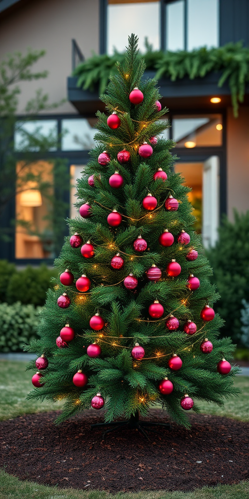 Generate an image of a decorated Christmas tree in a residential outdoor setting. The tree should be lush and green, adorned with colorful ornaments in shades of red, pink, and purple. Include twinkling lights wrapped around the branches, and place the tree on a circular bed of soil. In the background, show a modern house with large windows and greenery. The scene should be captured during the evening, with a warm glow from the lights.