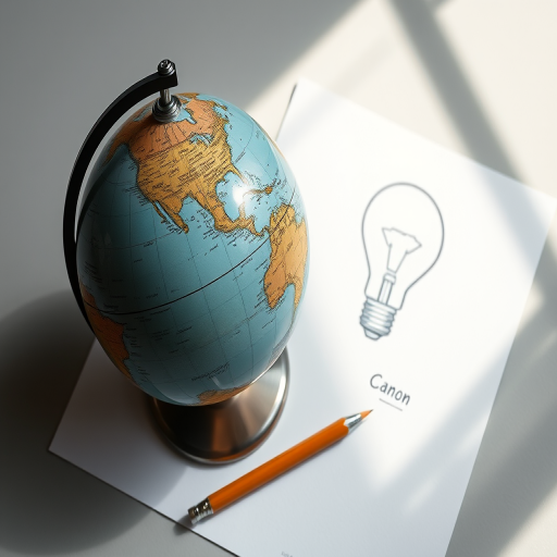 Create a still life composition featuring a detailed globe resting on a piece of paper, with a lightbulb sketch, a pencil, and an eraser, using a Canon EOS R5, 50mm lens, f/1.8 aperture, ISO 100, 1/125 sec exposure, soft natural lighting from one side for enhanced shadows and depth.