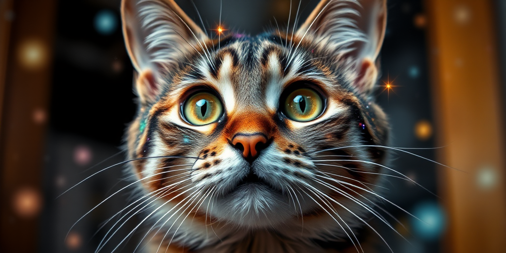 A cosmic cat portrait with vibrant galaxies and sparkling orbs, shot in high resolution using a DSLR camera at f/1.8, ISO 100, 1/200 sec, with a macro lens, capturing intricate details in a well-lit environment.