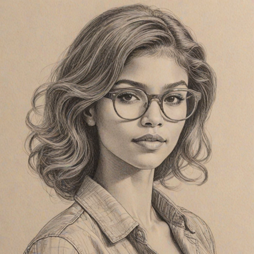 Fetching Zendaya, pencil sketch, portrait of Attractive woman 1970s in glasses, hair style beatnik, outline, clear lines, fine lines, 8k